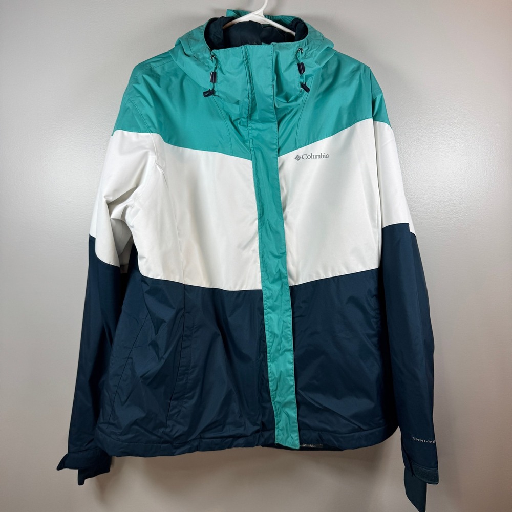 Columbia Omni-Tech Waterproof Hooded Ski Jacket Womens XXL Teal White Navy Snow
